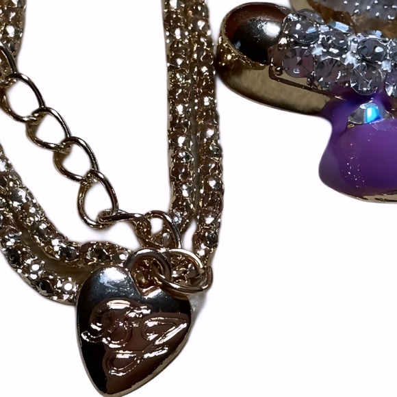 Betsey Johnson Teddy Bear Necklace, Gold Tone, Crystals, Purple Tutu, 28" Chain - Picture 6 of 10